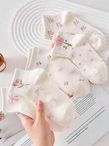 5双白色蝴蝶结花卉图案女童短袜，适合日常休闲穿着，四季皆宜（春、夏、秋、冬）