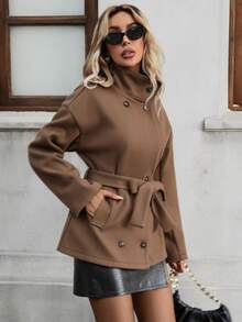 Women's Casual And Elegant Solid Color Office Coats With Knotted Ties, Buttons And Long Sleeves, Suitable For Daily Wear, Gatherings, Autumn And Winter, And Christmas - Brown - View 5