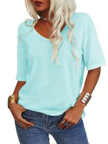 Women's 3/4 Sleeve Shirts V Neck Loose Fitting Tops Casual Solid Color Tshirts  Basic Tunic Summer Ladies Tops - 薄荷色 - 查看 2
