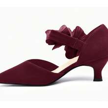 Zapatos de tacón bajo para mujer, con punta cerrada y sin cordones, con flores, cómodos, para fiestas formales y bailes. - Burdeos - Ver 3