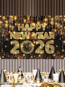 1pc Black Golden Happy New Year Banner 2026 150*100cm Shining Clock Pattern New Year Backdrop Photo Booth Festival Background Cloth Christmas Decorative Wall Hanging Tapestry Room Home Decor Happy New Year 2026 Decorations