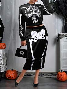 2025 Plus-Size Halloween Costume New Casual Plus-Size Two Pieces Suit, Early Autumn And New Autumn, Day Of The Dead, Easter, Western Style, Parties, Student Costumes, Holiday Restrictions, Role-Playing Dances And Other Scenes, Popular Online Goods, Skull Pattern Printing, Knitted Fabrics, Suitable For Going Out To Wear.