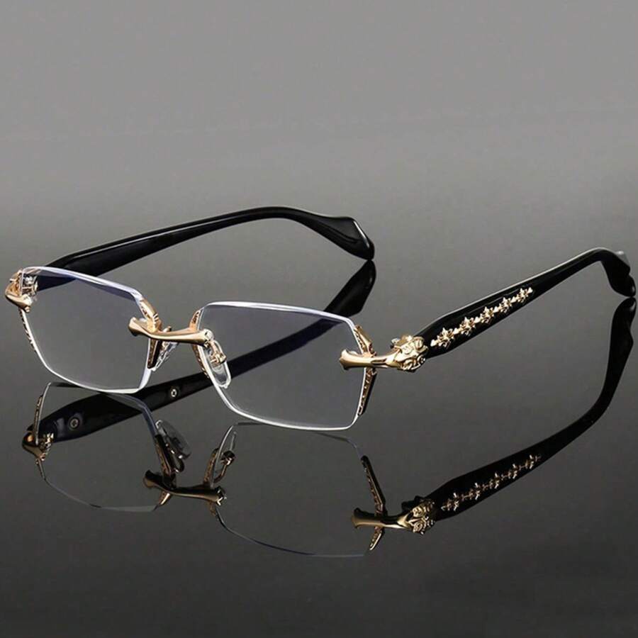 Frameless Transparent Glasses For Women And Men - Fashionable Rectangular Frame With Gold Decoration, Lightweight And Durable, PC Material, Suitable For Fashion And Daily Use, Fashion Glasses |   Elegant Eyewear |   Lightweight Glasses - 金色的 - 查看 1