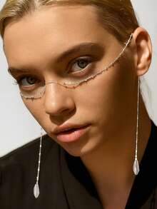 1pc Black Beaded Face Chain With Black Feather Tassel And Nose Bridge, Gold-Color