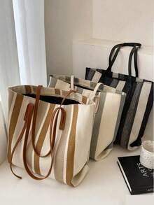 1PC韩版大容量女士单肩包女2025新款简约竖条纹休闲托特包时尚手提包 - 彩色 - 查看 1