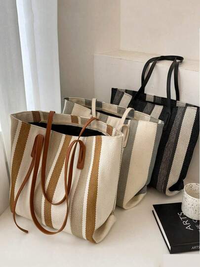 1PC韩版大容量女士单肩包女2025新款简约竖条纹休闲托特包时尚手提包