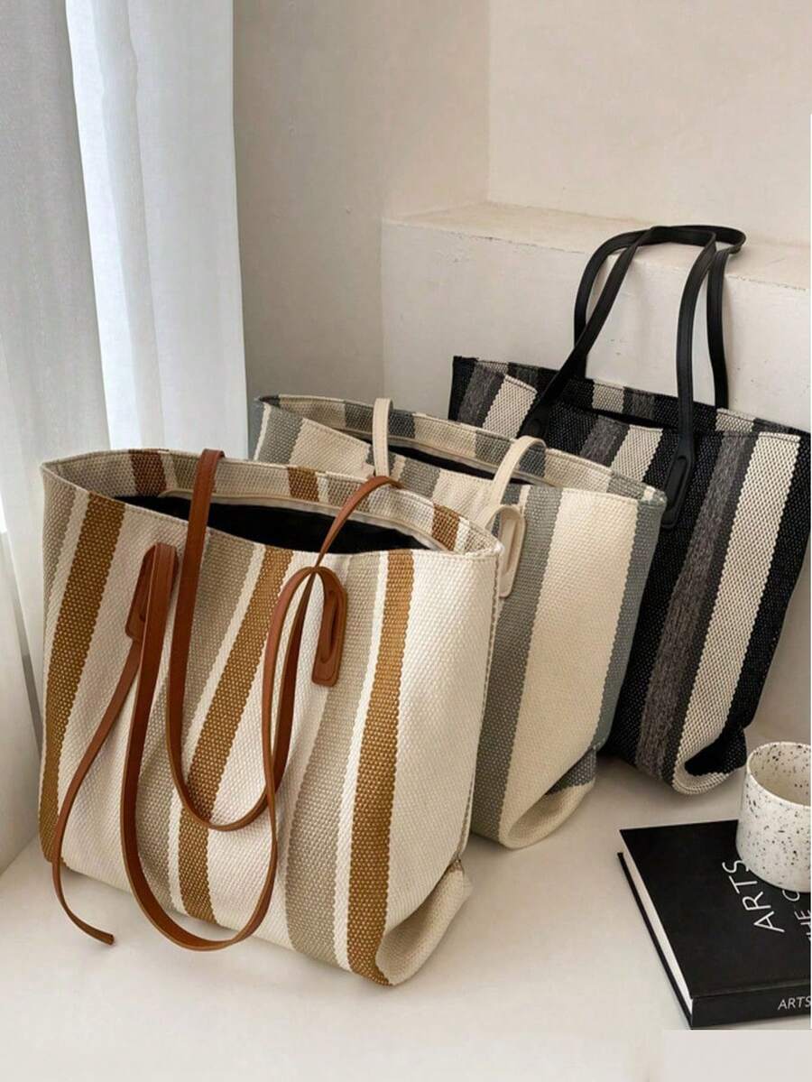 1PC韩版大容量女士单肩包女2025新款简约竖条纹休闲托特包时尚手提包 - 彩色 - 查看 1