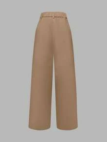 Celana Panjang Wanita ANCHOSE Musim Panas dan Gugur Kasual Warna Polos Pinggang Tinggi dengan Desain Saku Model Lebar dan Longgar (Sabuk Tidak Termasuk) - Khaki - View 3