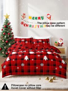 3件套圣诞红色格子圣诞老人雪花印花床上用品套装（1个被套和2个枕套），柔软亲肤，四季皆宜，圣诞礼物 - 彩色 - 查看 4