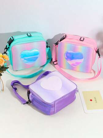 Bolsa de almuerzo aislada con efecto holográfico arcoíris láser, caja de almuerzo tipo bento para picnic al aire libre, bolsa de hombro minimalista