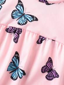New Girls' Sleepwear, Dreamy Pink & Blue Butterfly Print Girls' Nightgown, Sweet Round Neck Ruffle Hem Casual Comfortable Girls' Dress