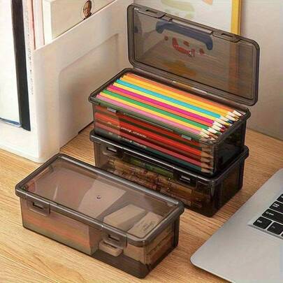 1 Caixa grande transparente de PP com tampa, leve, tratamento de superfície inacabado - ideal para escritório e suprimentos, canetas, lápis, marcadores, artesanato, caixa transparente de armazenamento de papelaria de grande capacidade, porta-canetas para lápis de cor e giz de cera, armazenamento de artesanato | Caixa de armazenamento elegante | Caixa de plástico durável, caixas de armazenamento para artesanato