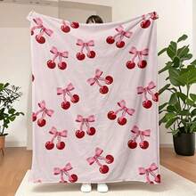 Reversible Cherry Pink Bow Throw Blanket, Style Minky Velvet Fleece, Soft & Comfortable Multipurpose Knitted Polyester Bedding, Contemporary Y2K Aesthetic Decorative Gift For Her, All Seasons Use, Allseason Blanket | Playful Design | Flannel Fabric - màu hỗn hợp - Xem 1