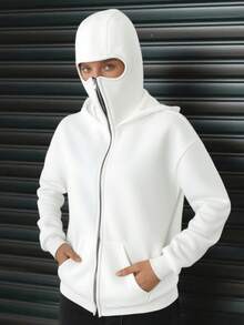 社交焦虑必备单品，含口罩，女士宽松常规款双层卫衣，拉链带口袋，秋冬服装 - 白色 - 查看 4