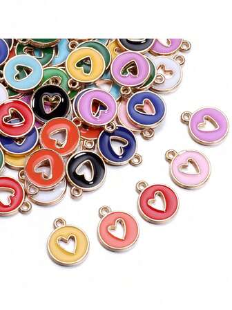 20pcs Fashionable Oil Drop Heart Shaped Round Zinc Alloy Pendant, Suitable For DIY Earrings, Necklaces, Bracelets