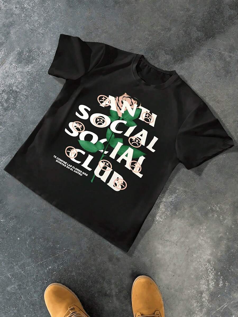 Rose Graphic T-Shirt,Comfortable Casual Short Sleeve, 220 Grams Heavyweight Cotton Printed T-Shirt - 黑色 - 查看 1