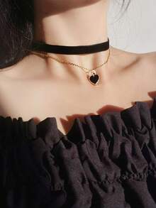 1pc Women's Retro Velvet Choker Necklace With Heart Pendant, Fashion Collar - Multicolor - View 6