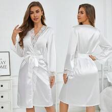 Sexy Lace Trim Robe, European Style Luxury Casual Sleepwear Bathrobe For Women With Belt Warm Winter Decor