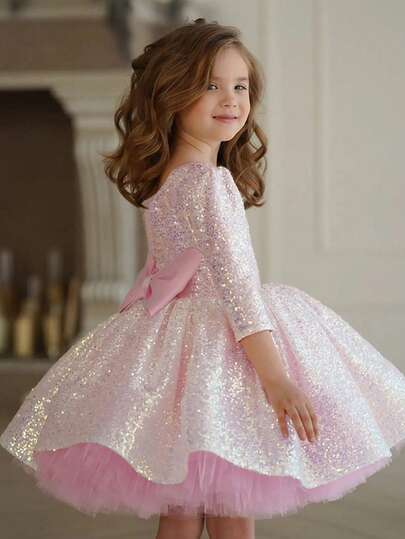 Young Girls' Gorgeous Sequined Round Neck Long-Sleeved Dress Is Suitable For Important Occasions Such As Flower Girl Weddings, Birthday Parties, Stage Performances, And Various Important Festivals.