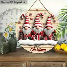 2D Flat, 19.99cm Artificial Regenerated Wood Christmas Elf Wall Decor - 3 Christmas Gnomes, Poinsettia & Snowflake Pattern, Merry Christmas Text, Classic Holiday Home Decor, Indoor/Outdoor, Rustic Christmas Decoration, Handmade Craft, 2D Flat Christmas Decorations Room Decor