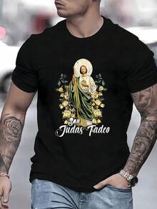 Tadeo camiseta de 100% algodón con estampado digital corte moderno 1 unidad de 220g estilo urbano camiseta casual para hombre, dise?o único y religioso - Negro - Ver 1