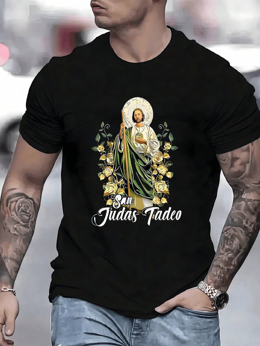 Tadeo camiseta de 100% algodón con estampado digital corte moderno 1 unidad de 220g estilo urbano camiseta casual para hombre, dise?o único y religioso - Negro - Ver 1