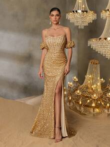 Faeriesty Style Elegant Glittery Puff Sleeves Lace-Up Backless Split Sequin Formal Party Dress For Weddings, Galas, And Cannes Parties Proms, Red-Carpet Events, And High-End Banquets​,Award Ceremonies