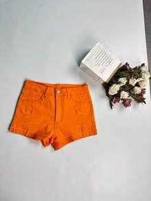 Pantalones cortos de mezclilla desgastados de unicolor con estilo retro, apropiados para el verano - Naranja - Ver 6