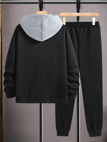 Conjunto de sudadera con capucha y pantalones de chándal con estampado de letras y contraste de colores para hombres, primavera/otoño, moda casual deportiva con bolsillos y cintura con cordón, regalo adecuado para esposo o novio
