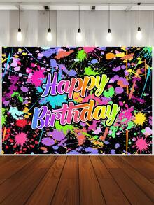 1 Peça Painel de Fotografia de Aniversário Feliz com Respingos de Tinta Colorida, Brilho Neon no Escuro, Banner de Festa 59.1*39.4/82.7*59.1/106.3*70.9 Polegadas, Decoração para Chá de Bebê, Festa de Dança, Uso Interno e Externo