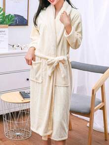 1 件套带袖浴袍，披肩领，长袍，纯色，珊瑚绒，柔软，吸水，适用于家庭、酒店、泳池、休息室、个人使用、礼物浴袍女士淋浴情侣睡衣睡袍女士家居服连帽男士冬季加厚长法兰绒套装易于清洗 - 白色 - 查看 3