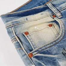 Men's And Women's Jeans, Painted Worn-Out African American High Street Denim Pants, Men's Perforated Art New Harajuku, Men's And Women's Patch Denim Shorts - 淺色水洗藍 - 查看 6