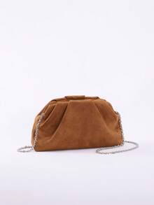 高品质复古风格棕色麂皮手拿包，玛琳风格女士麂皮手拿包，欧美时尚褶皱简约女士手拿包，配链条肩带 - 棕色 - 查看 8