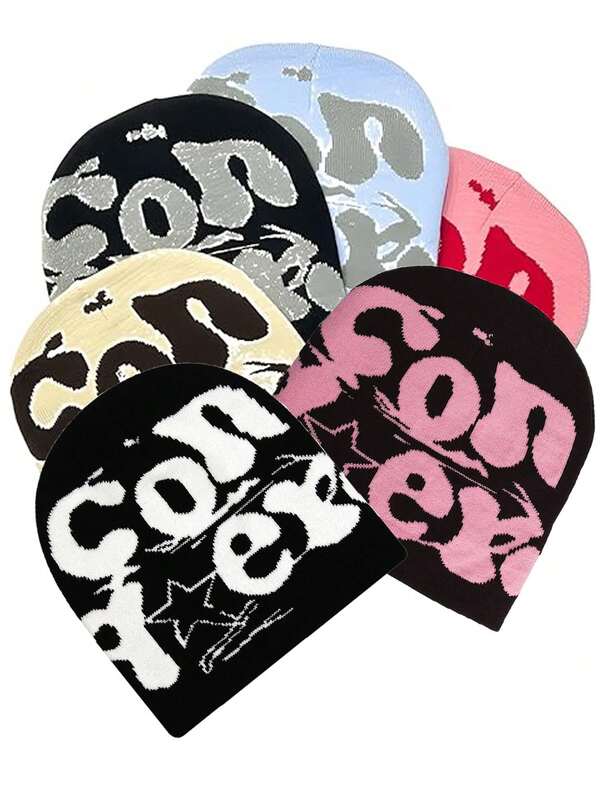 1pc/2pcs Unisex Y2K Beanie Unisex Hip Hop Knit Hat Letter Jacquard Warm Skull Cap Elastic Couple Beanies Ski Hats,Multi-Color, Autumn/Winter Fall Outfit,New Design For Halloween, Christmas