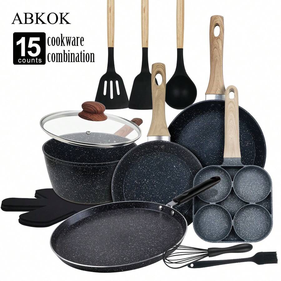 ABKOK 1pc/15pcs Aluminum Cookware Set With Lid - Black Nonstick Frying Pan, Stock Pot, Breakfast Pan, Silicone Cooking Tools & Heatproof Mats, Durable Kitchenware For Home Chefs, Single Pans And Cookware Sets Are Sold Individually