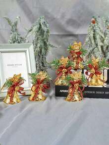 Christmas Hanging Bell Decorations, Plastic Bells With Bow Decorations - Golden Bell Christmas Tree Decorations, Suitable For Holiday Parties, Christmas Tree Decorations, Festive Decorations, Decorating Doors, Windows, And Other Occasions. - Multicolor - View 2