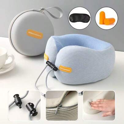 条纹记忆海绵U型颈枕，飞机旅行护颈枕，睡眠枕，缓解颈部疼痛，便携式U型枕