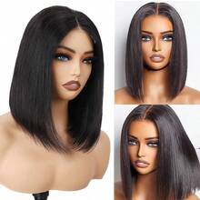 Wear And Go Glueless Bob Wig Human Blended Hair Straight 5x5 4x4 Pre-Cut HD Lace Glueless Wigs Pre-Plucked Transparent Lace Front Closure Wigs For Women 200% Density 10 Inch - Natural & Black - View 6
