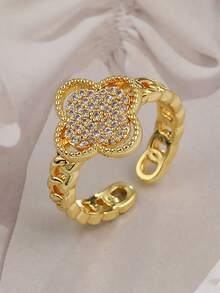 1pc Stainless Steel Fully Paved Clover Ring, Minimalist Cubic Zirconia Finger Ring, Everyday Wear - Full Diamond Four-leaf Clover Ring - View 2