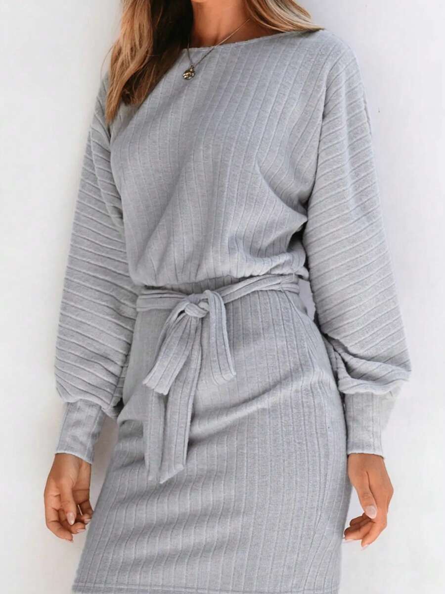 2025 Cross-Border European And American Autumn And Winter Women's New Style Belt-Decorated Long-Sleeve Ribbed Wool Knitted Dress For Women - Xám - Xem 1