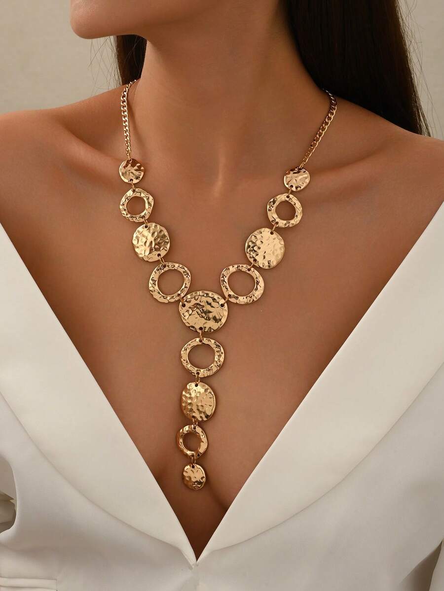 1 件复古夸张时尚锤纹几何圆形拼接 Y 形流苏长项链，奢华几何多不对称圆形链接金色毛衣链项链配饰，适合女性日常、宴会、派对穿着 - 金色 - 查看 1