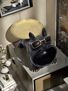 1pc Creative French Bulldog Decorative Figurine With Tray, Suitable For Living Room Decor, Creative Storage, Bedroom Decor, Office High-End Decor, Storage, Can Be Given As Anniversary Or Birthday Gift To Friends And Family