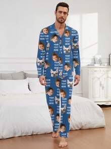 Printstory Customized Men's Long Sleeve Pajama Set, Can Print Any Pattern, Personalized Gift, Suitable For Family, Friends And Holiday Gatherings - Blue - View 4