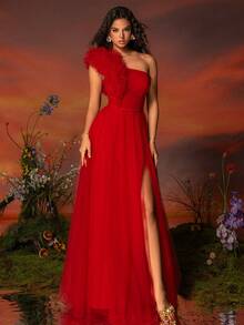 VIPGIRL Đầm dạ hội đỏ bằng vải chiffon thanh lịch, lệch vai, được trang trí bằng viền bèo nhún và xẻ tà cao - Đầm dạ hội trang trọng phù hợp cho những dịp đặc biệt. - Đỏ - Xem 7