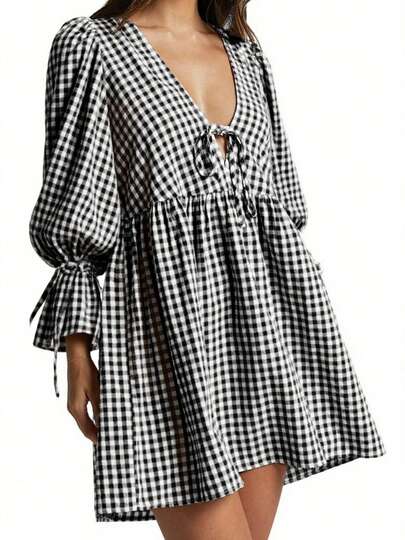 Women's Plaid Puff Sleeve Bow Doll Dress Mini Dress
