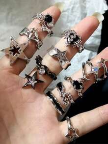 Kpop 哥特朋克复古美学几何不对称星星银色戒指女式 Egirl Grunge Y2K EMO 珠宝配饰 - 彩色 - 查看 3