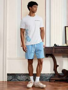 SWAVVY Men's Bear & Letter Graphic Tee & Drawstring Waist Shorts Summer Outfit, Streetwear Ready - Baby Blue - View 1