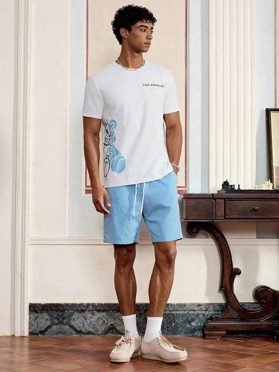 SWAVVY Men's Bear & Letter Graphic Tee & Drawstring Waist Shorts Summer Outfit, Streetwear Ready - Baby Blue - View 1