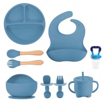 Set de Vajilla 9 Piezas en Silicona para Bebés Diseño Clásico Duradero Polvoriento Azul Incluye Cuchillería Perfecto para Niños y Fácil de Limpiar