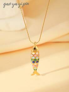 1pc Fashionable Stainless Steel Elegant Ocean Theme Colorful Enamel Fish Pendant Necklace, Charming Jewelry For Women, Everyday & Holiday Accessory